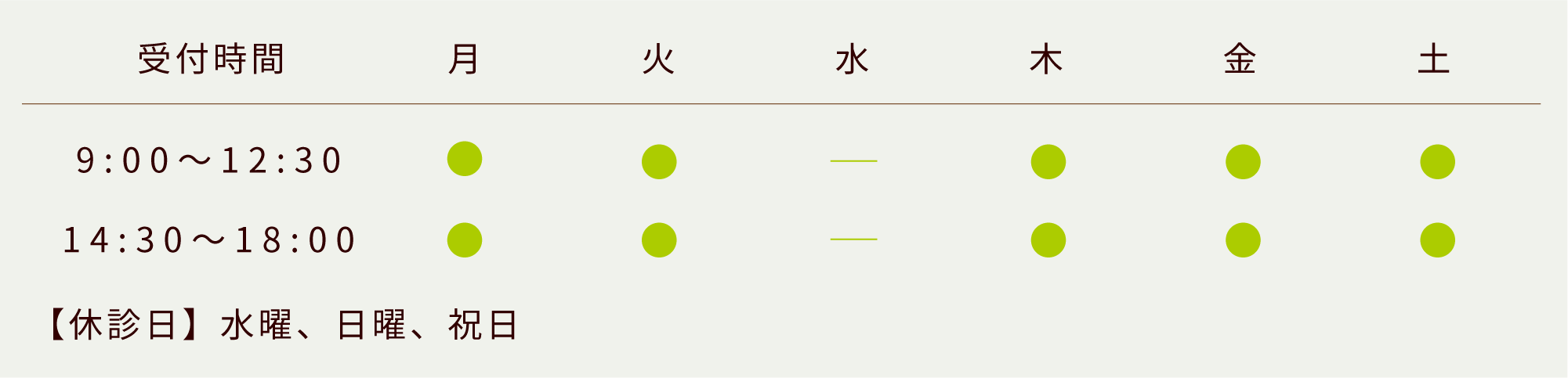 受付時間9:00-12:00/14:00-18:00、休診日:水、日、祝